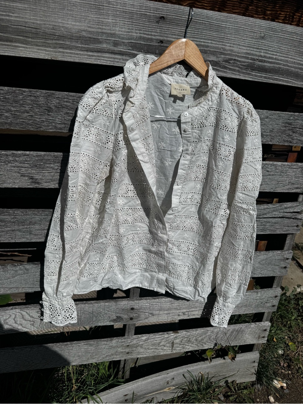 Sezane White Eyelet Lace Button-Down Blouse